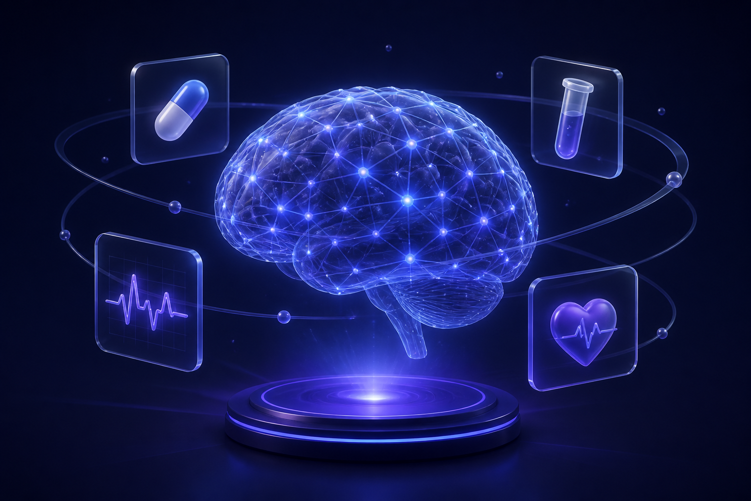 A glowing neural network brain orbited by medical record cards