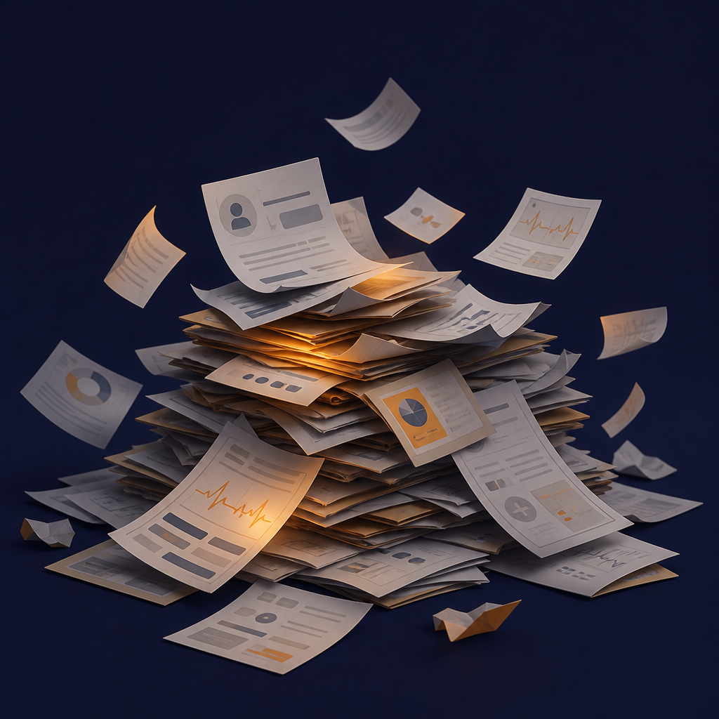 A chaotic pile of scattered paper medical records