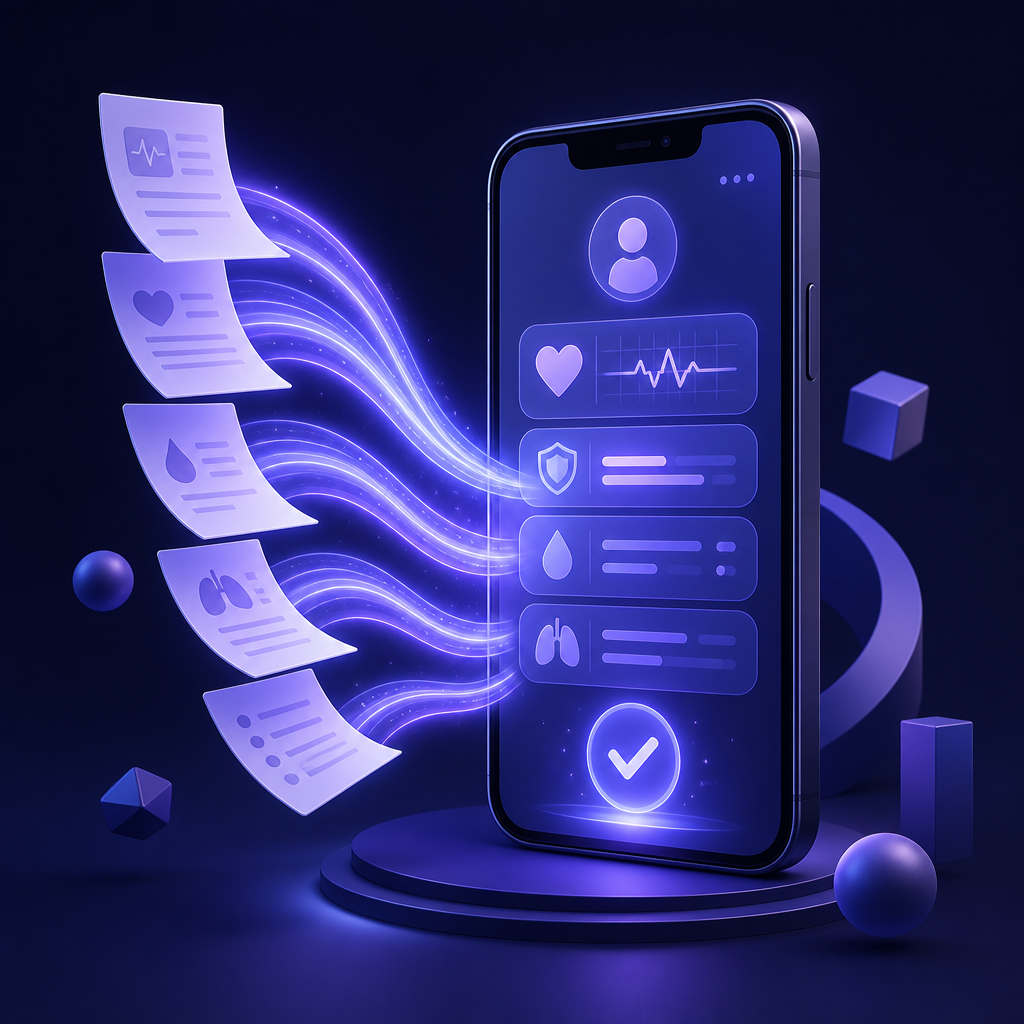 Documents flowing neatly into an organized health app on a smartphone