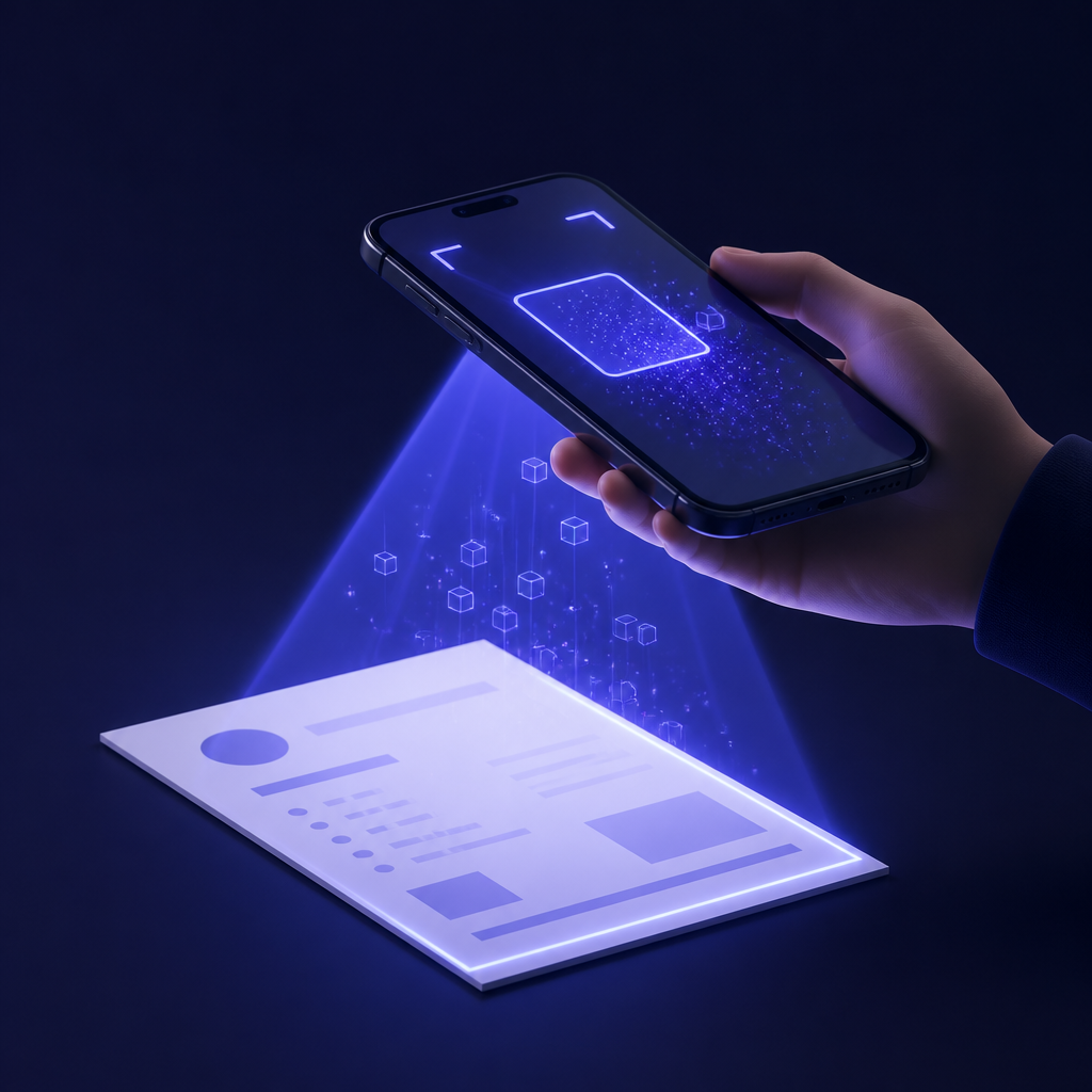 A smartphone scanning a paper prescription with a glowing beam