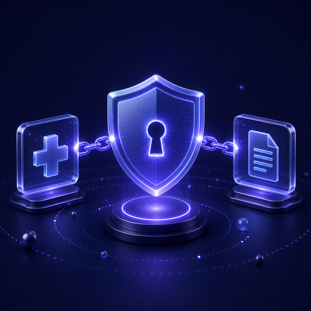 A glowing shield securely linking medical records