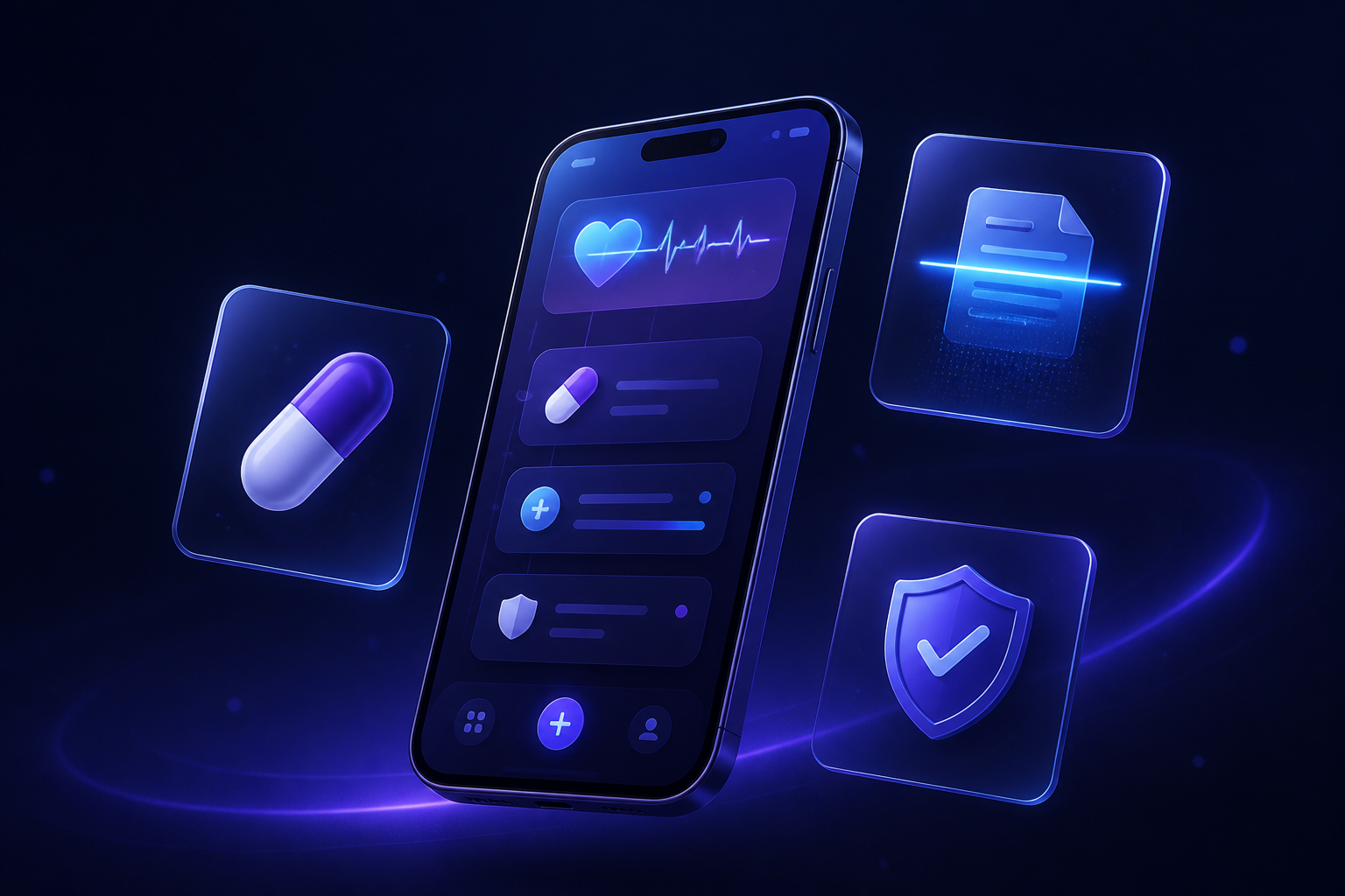 HealthPartner AI app showing a digital health record with medication, document scanning, and secure data protection