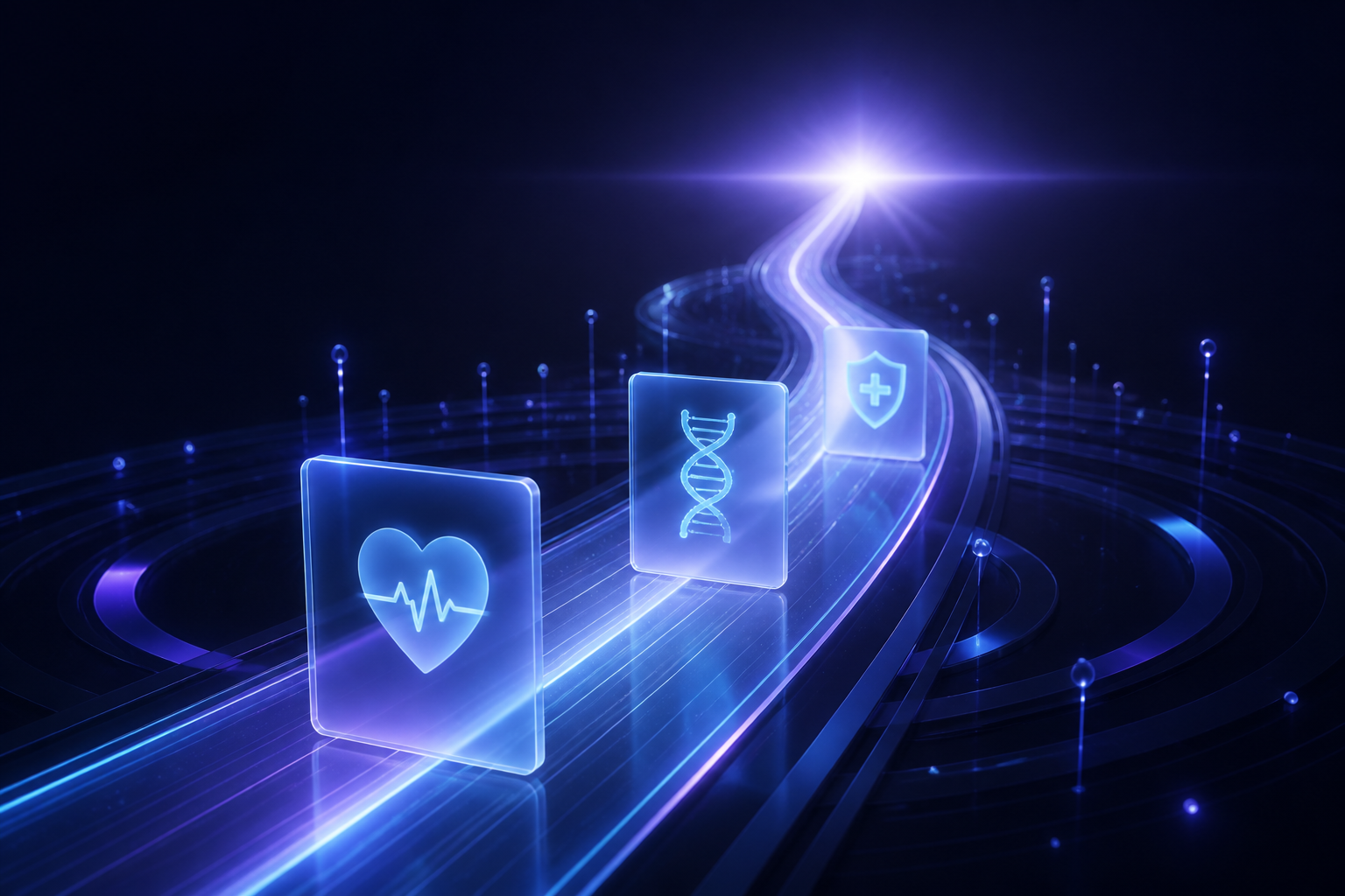 A luminous path of health data panels rising toward a bright horizon